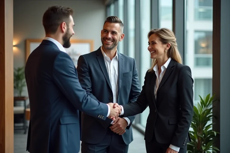 Agent immobilier en réunion avec un couple souriant