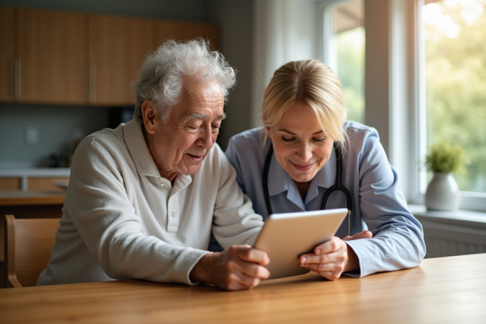 Senior et aidant regardant une tablette ensemble
