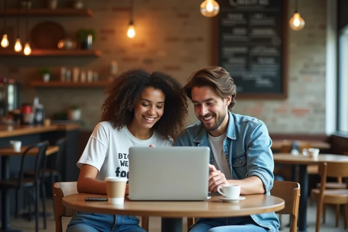 Deux amis discutant d'alternatives à leur site de scans manga en panne dans un café avec un ordinateur portable