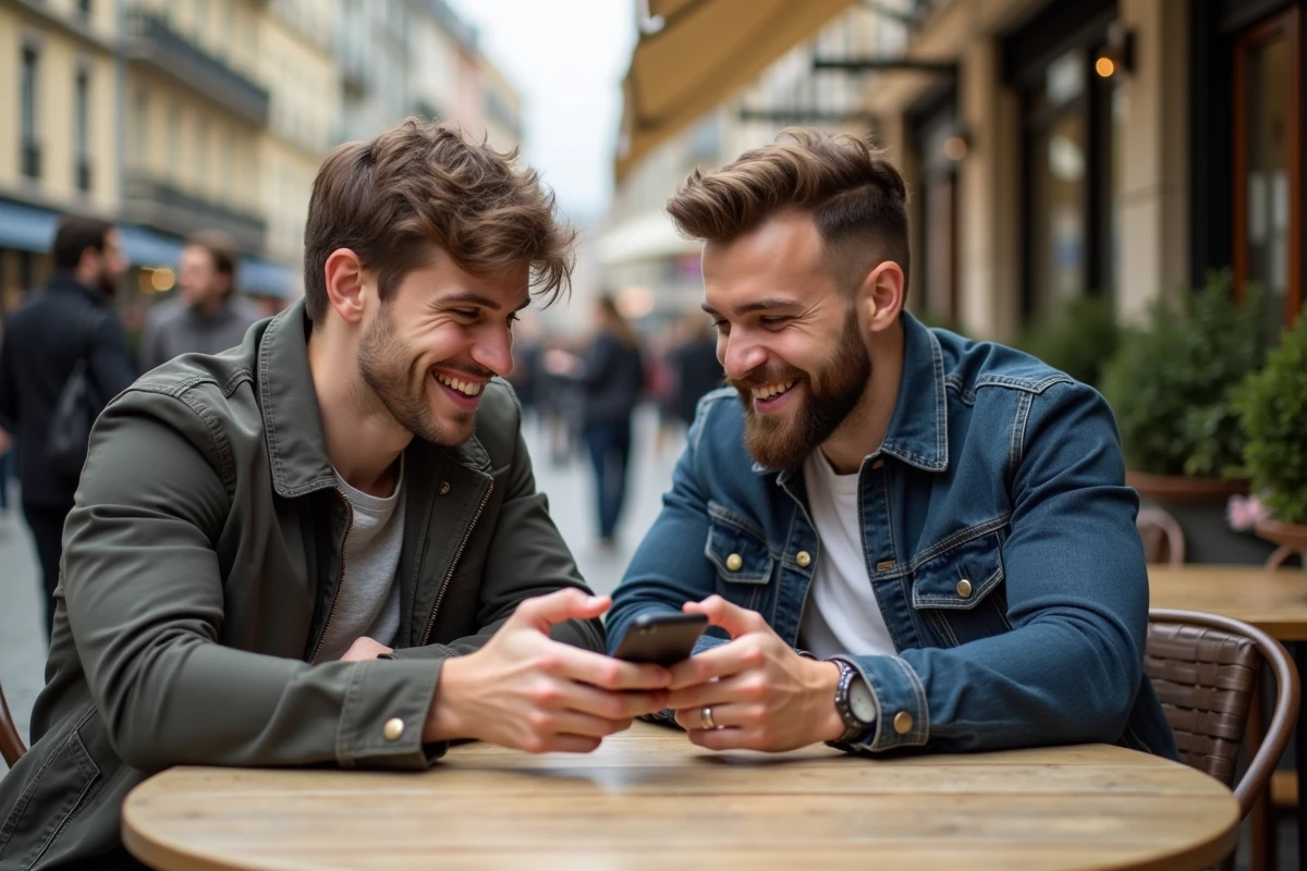 Deux jeunes hommes discutant dans un café en plein air