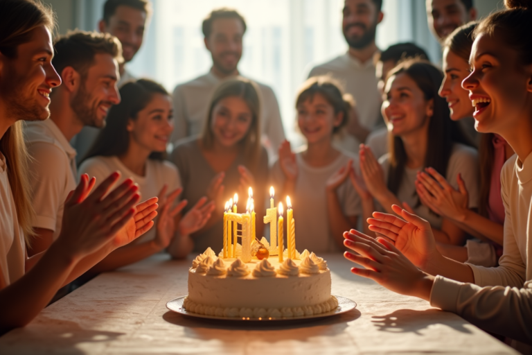 Groupe d'amis autour d'un gâteau d'anniversaire lumineux