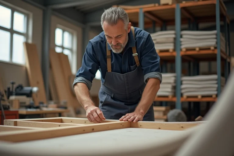 Artisan en bleu assemble un canapé dans un atelier lumineux