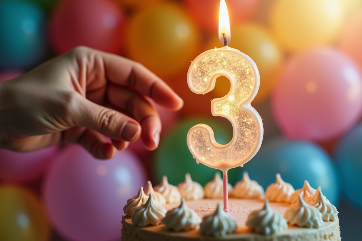 Main tenant une bougie en forme de chiffre brillant au-dessus du gâteau