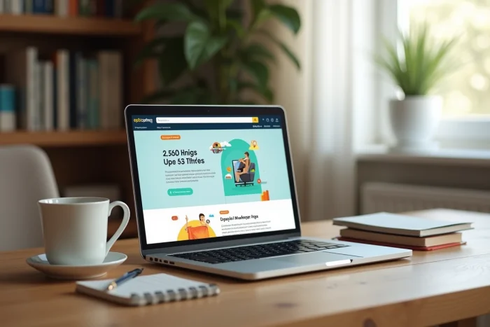 Bureau à domicile avec un ordinateur affichant un site de ventes privées et un calendrier des événements 2025