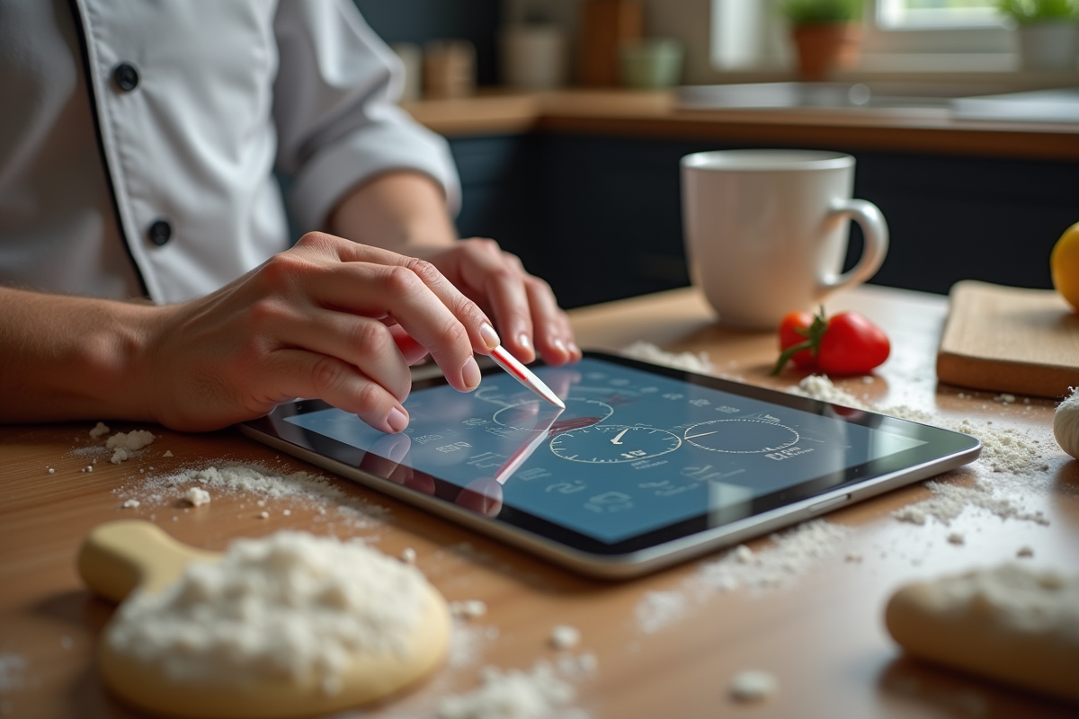 Chef utilisant une tablette pour convertir des mesures en cuisine
