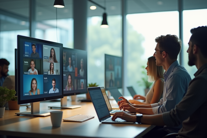 Groupe de chercheurs collaborant à distance dans un bureau lumineux