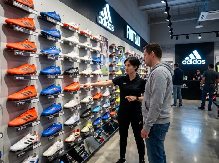 Seller and customer choosing adidas boots in a specialized sports store