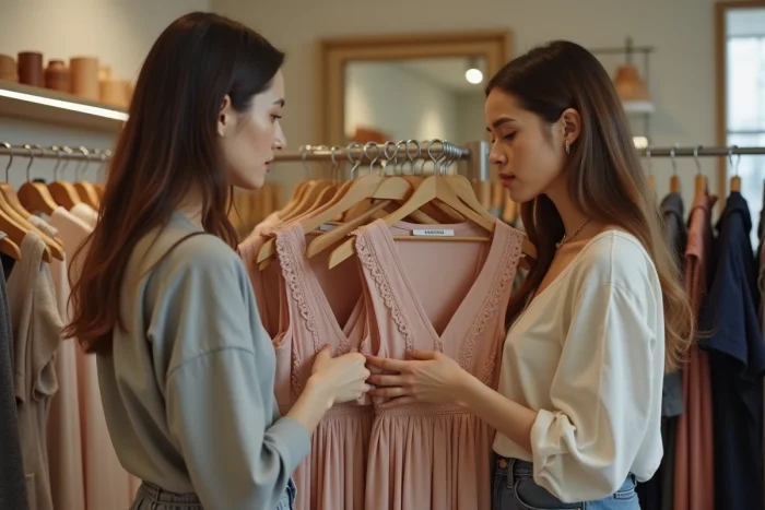 Deux femmes comparant deux tailles de robe dans une boutique pour trouver la bonne coupe Zalando