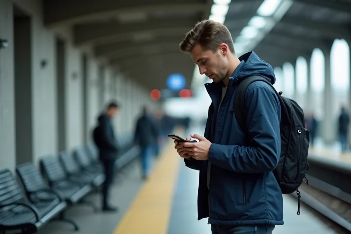 Homme en gare consultant son téléphone pour retrouver son compte Blablacar avant un trajet en covoiturage