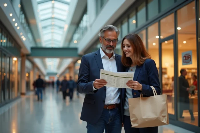 Couple devant un centre commercial consultant un calendrier des ventes privées en France