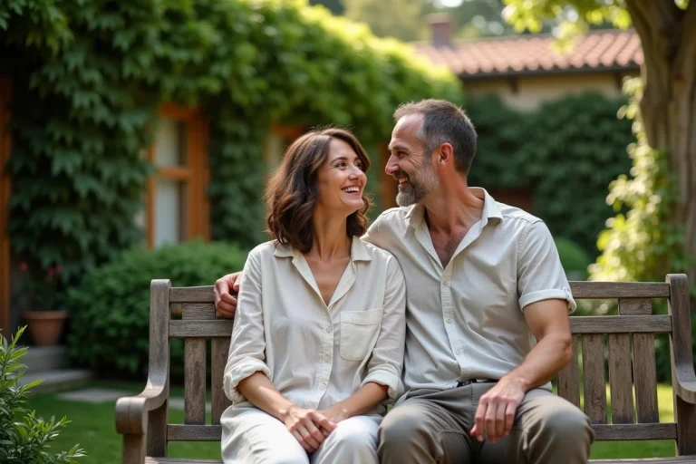 Couple dans un jardin privé partageant un moment intime et détendu loin des regards du public, style photo de famille authentique