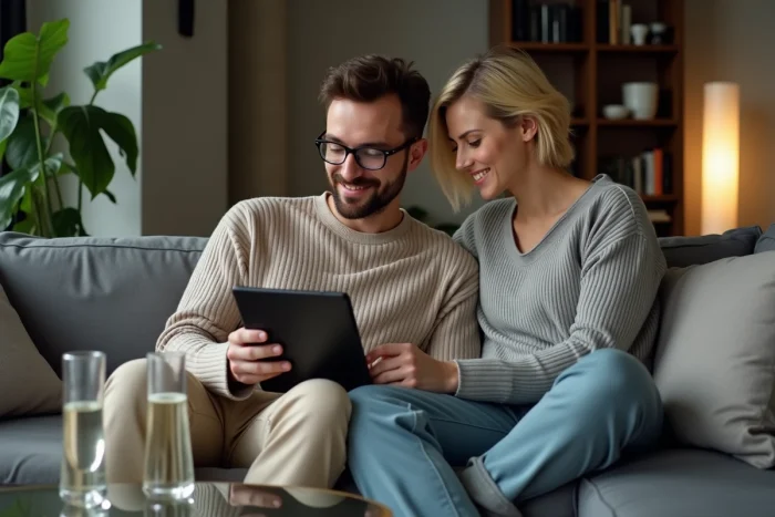 Couple regardant Lost saison 5 en streaming légal sur tablette dans un appartement moderne