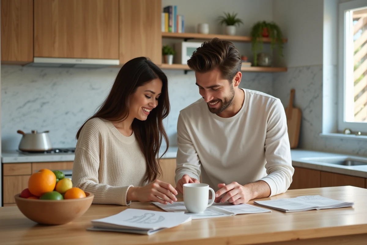 Jeune couple préparant la maison dans la cuisine moderne
