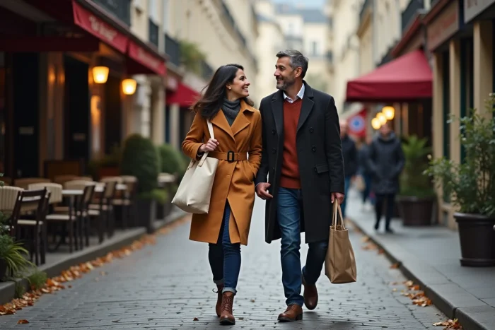 Couple se promenant dans une rue parisienne pavée en automne, photo candide et naturelle évoquant la vie de famille discrète