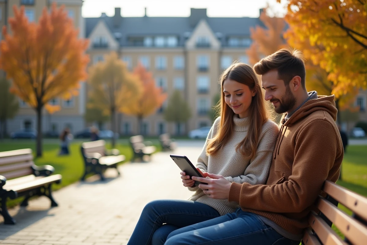 Jeune couple regarde une tablette dans un parc urbain