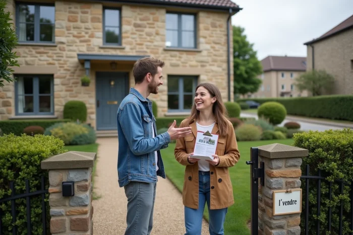 Couple visitant une maison à vendre en banlieue pour concrétiser leur projet immobilier