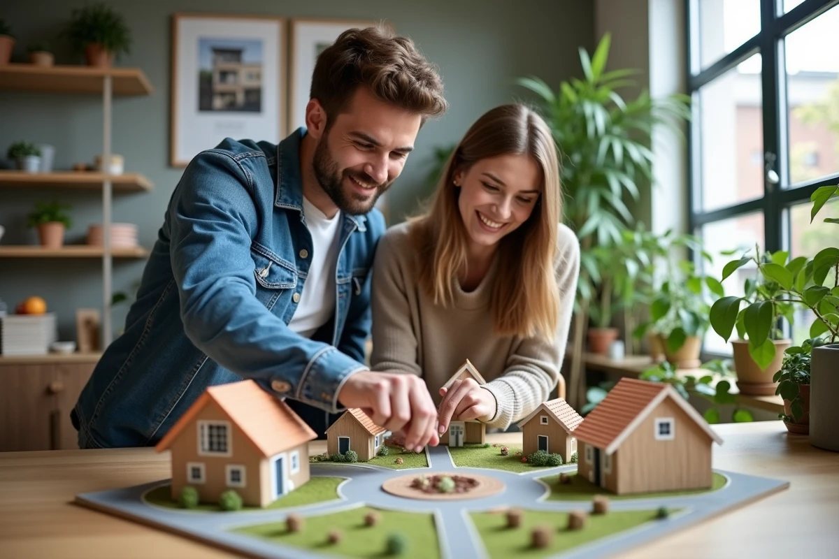Jeune couple examinant un modèle immobilier coloré