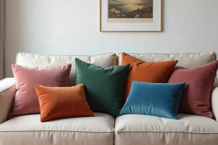 Coussins en velours dépareillés colorés disposés sur un canapé en lin beige neutre