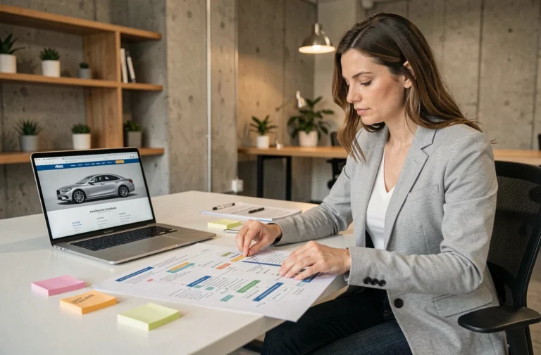 Designer web examinant un plan de site automobile imprimé dans un bureau moderne