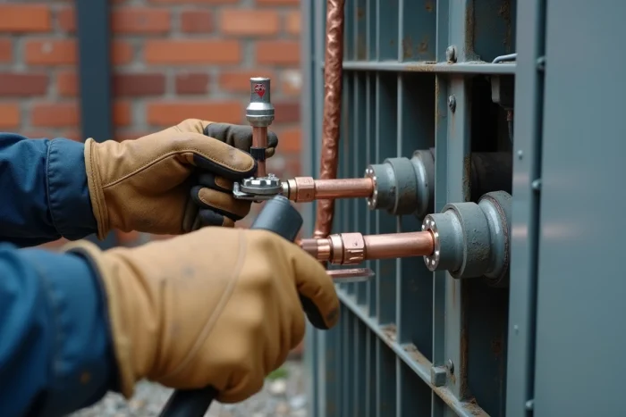Détail de la connexion des tuyaux en cuivre et des isolants sur une unité extérieure de pompe à chaleur air eau