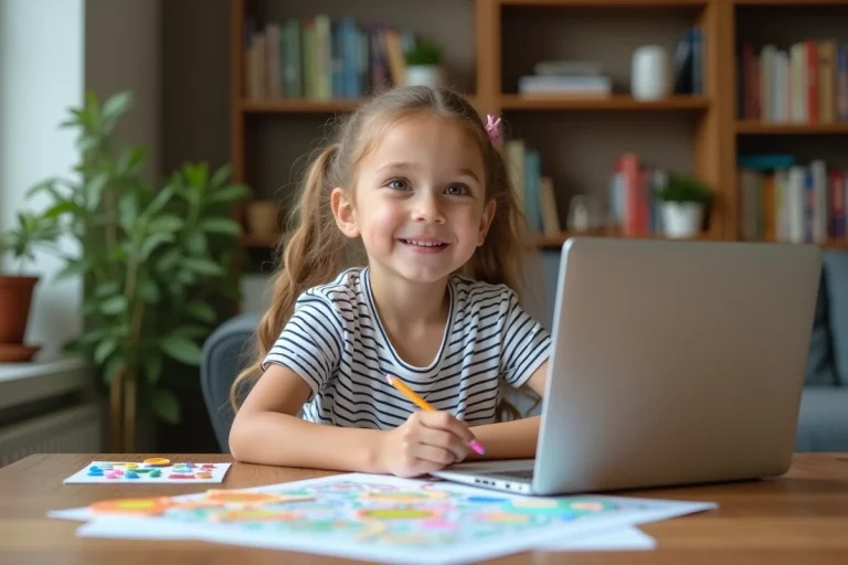 Jeune fille de 8 ans créative avec ordinateur et dessins