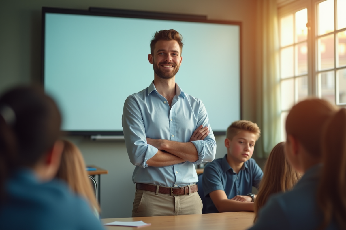 Enseignant confiant devant un tableau interactif en classe