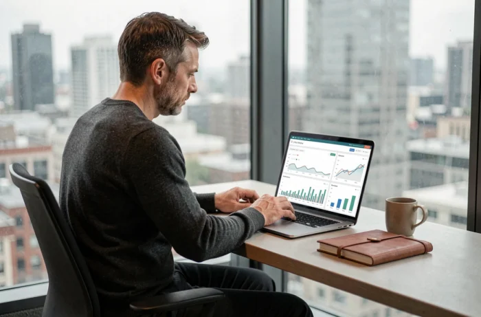 Entrepreneur concentré analysant des tableaux de bord financiers sur ordinateur dans un bureau vitré avec vue urbaine