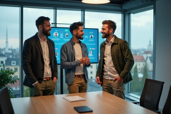 Groupe de jeunes entrepreneurs en réunion debout dans un bureau de startup à Rennes avec tableau numérique