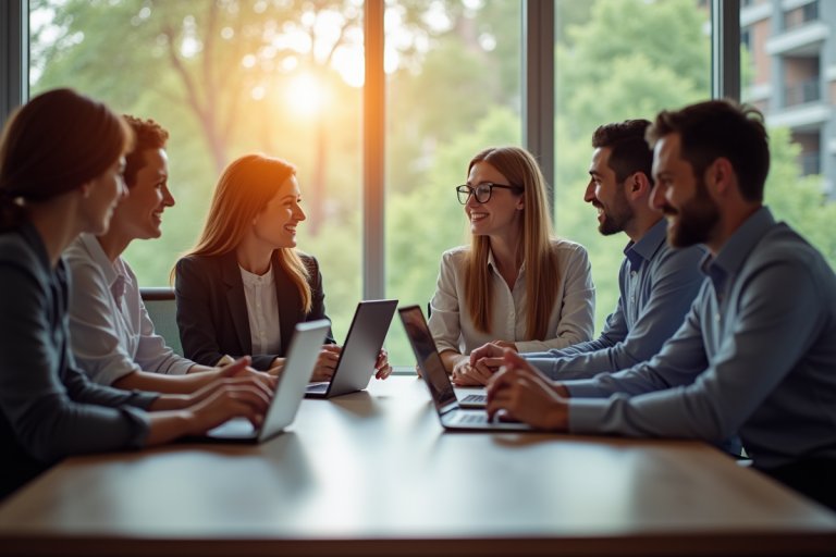 Groupe d'employes collaborant dans un bureau lumineux