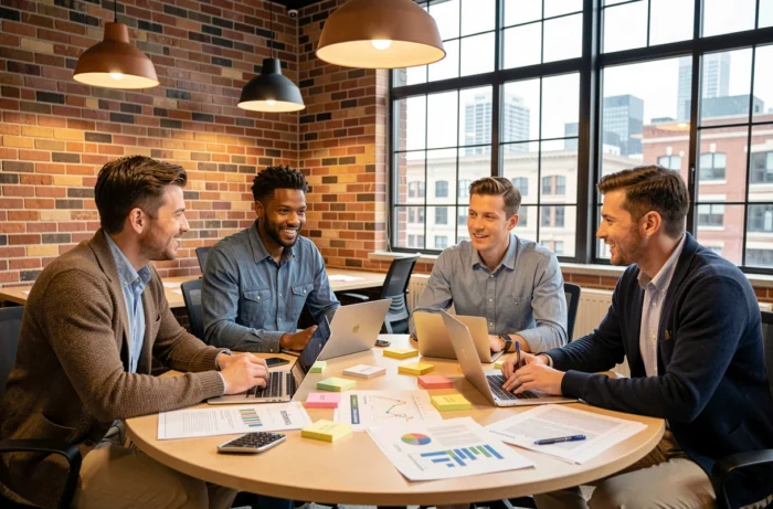 Équipe diverse en réunion stratégique autour d'une table dans un espace de coworking tendance