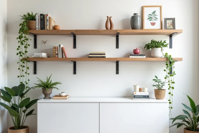 Étagères ouvertes en bois et métal noir avec objets décoratifs, plantes et livres exposés