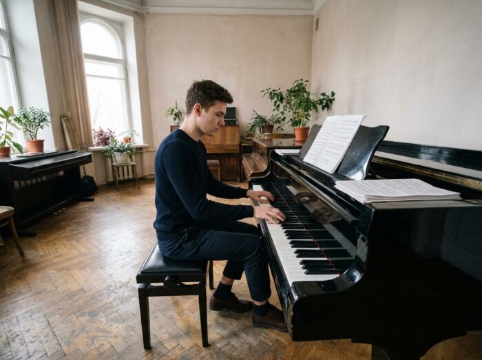 Étudiant en musique en pratique intensive au piano dans une salle de répétition d'un conservatoire