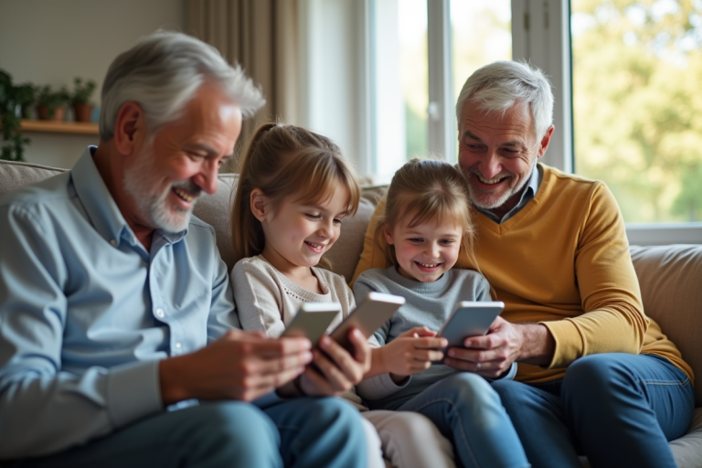 Famille multigenerations utilisant des smartphones dans le salon