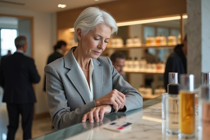 Femme de 70 ans dans une boutique de parfums de luxe, explorant des flacons sur un comptoir en verre poli