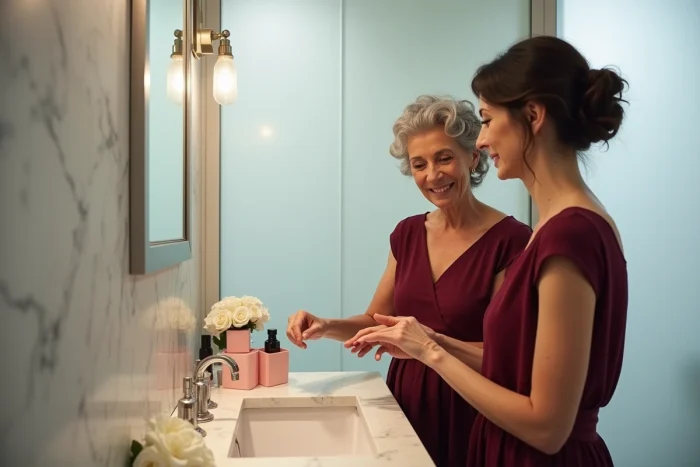 Femme de 70 ans et femme plus jeune découvrant ensemble un parfum élégant sur une vasque en marbre