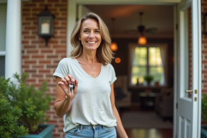 Femme souriante accueillant avec des clés de maison