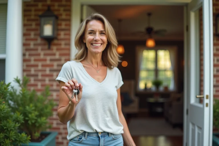 Femme souriante accueillant avec des clés de maison
