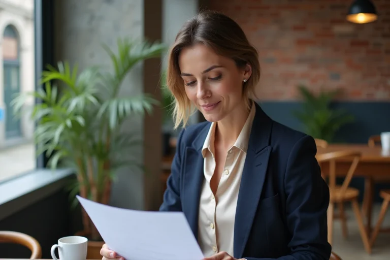 Femme d'affaires rennaise travaillant dans un espace de coworking moderne avec vue sur les rues pavées de Rennes