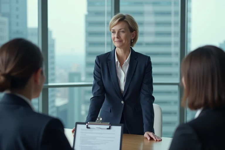 Femme d affaires en costume discutant d une checklist de securite