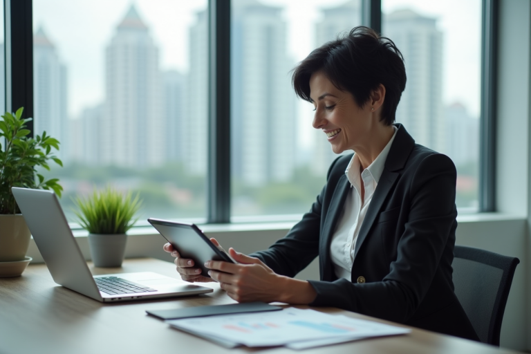 Femme d'affaires moyenne âge consulte des données sur une tablette