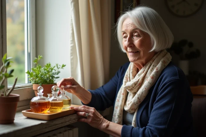 Femme âgée élégante assise près d'une fenêtre avec une collection de flacons de parfum vintage en bois
