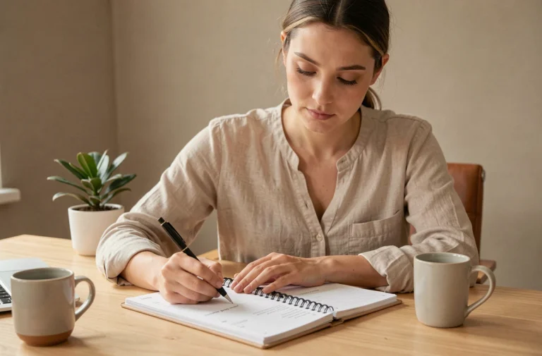Femme organisée écrivant dans un agenda papier à son bureau minimaliste pour planifier sa journée productive