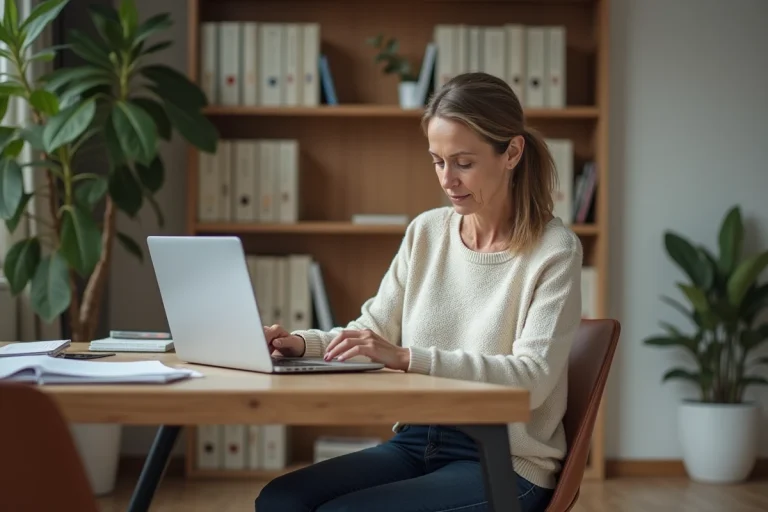 Femme française au bureau cosy avec ordinateur et livres