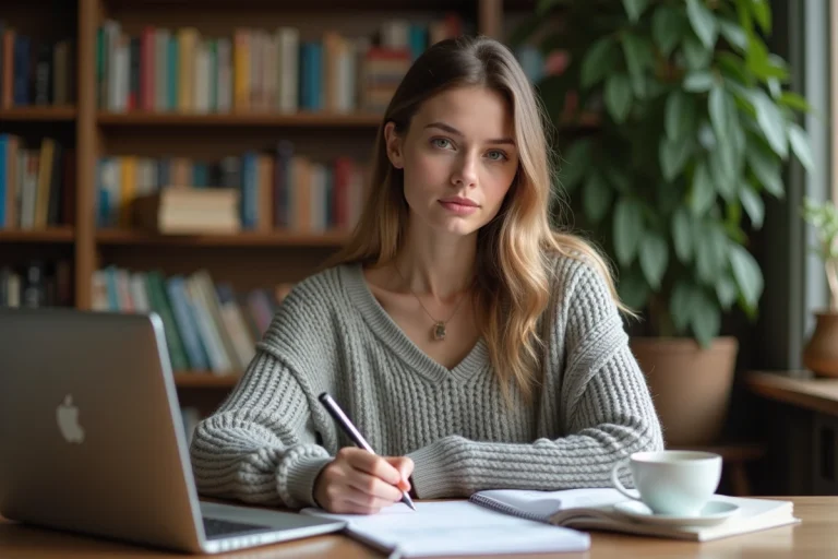 Jeune femme en bureau cosy prenant des notes