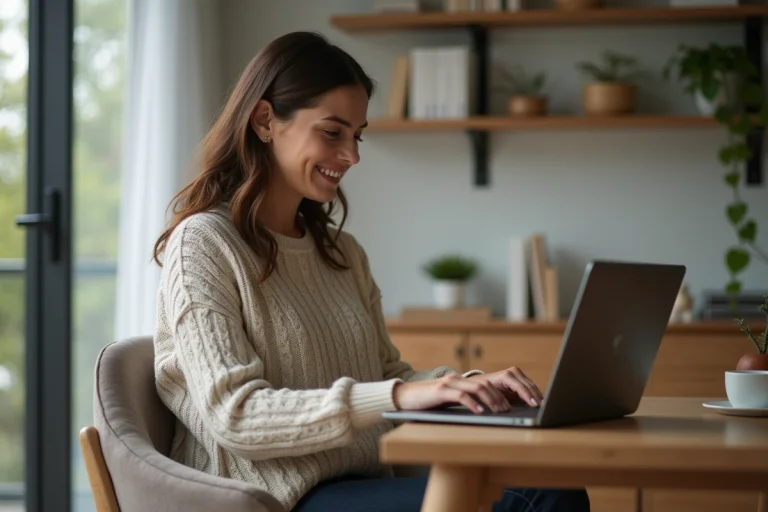 Femme souriante travaillant sur son ordinateur dans un intérieur scandinave