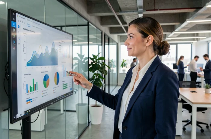 Femme cadre analysant des tendances business sur un écran numérique dans un bureau moderne en 2024