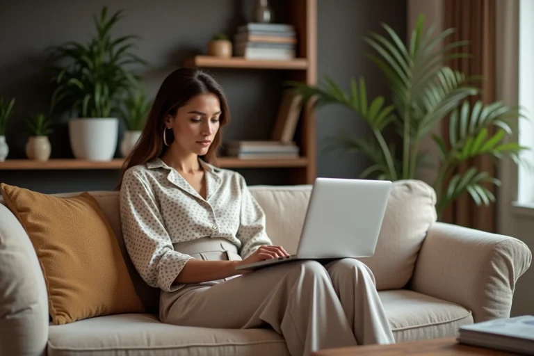 Femme élégante sur canapé en intérieur moderne