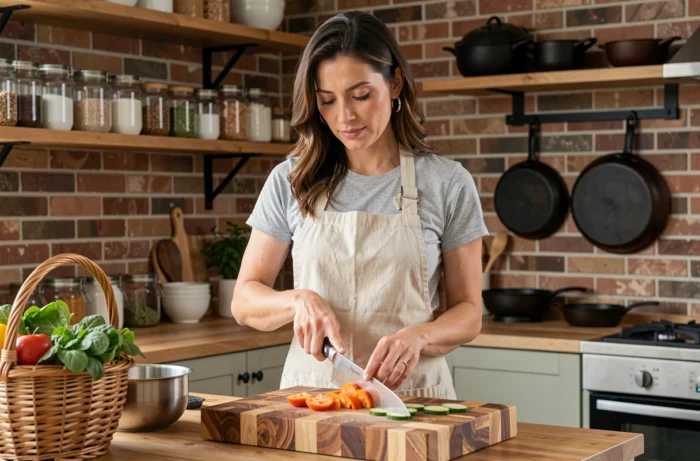 Femme cuisinant avec un couteau de chef professionnel sur une planche à découper en bois dans une cuisine artisanale