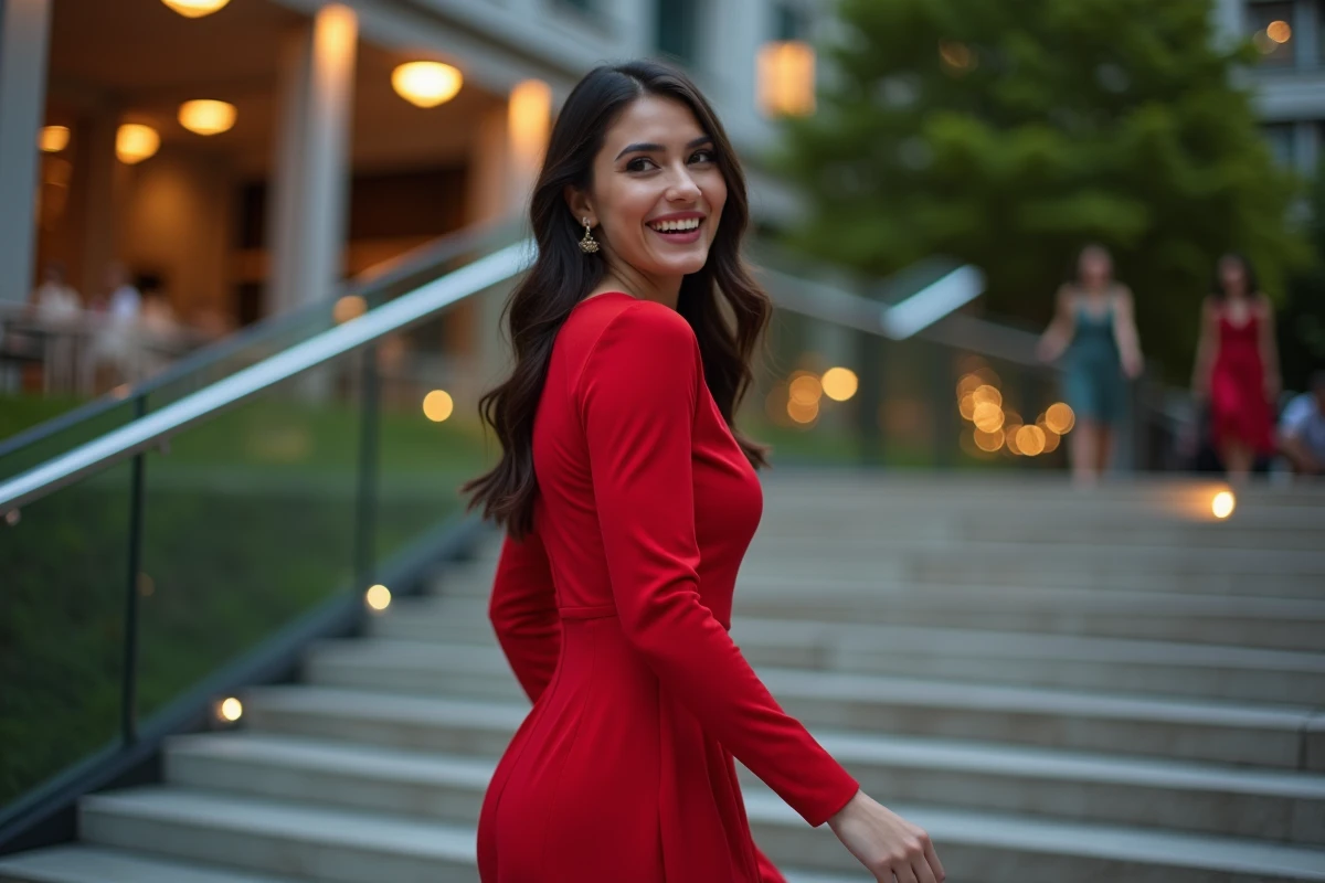 Femme confiante en robe rouge montant des escaliers urbains