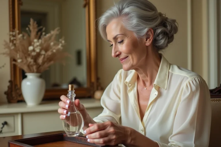Femme élégante de 70 ans tenant un flacon de parfum devant une coiffeuse antique avec miroir doré